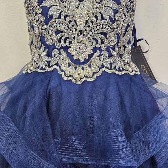 NWT Coya Collection Formal Mini Dress Gown Tulle Ruffle Beaded Halter Blue M - Picture 7 of 16